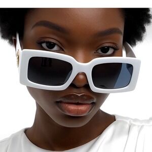 White Frame Sunglasses  Rectangle‎ Unique Visual Dark Black Lens UV40 Protection